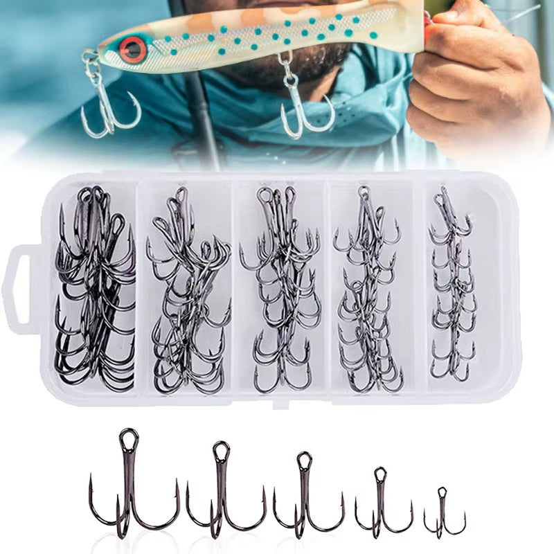 50Pcs/Lot Mix Treble Fishing Hook in Box High Carbon Steel Barbed Triple Fishing Hooks Fishing Tackle Fishhook for Hard Bait