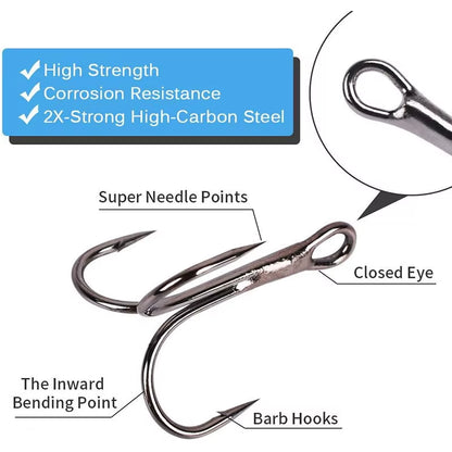 50Pcs/Lot Mix Treble Fishing Hook in Box High Carbon Steel Barbed Triple Fishing Hooks Fishing Tackle Fishhook for Hard Bait