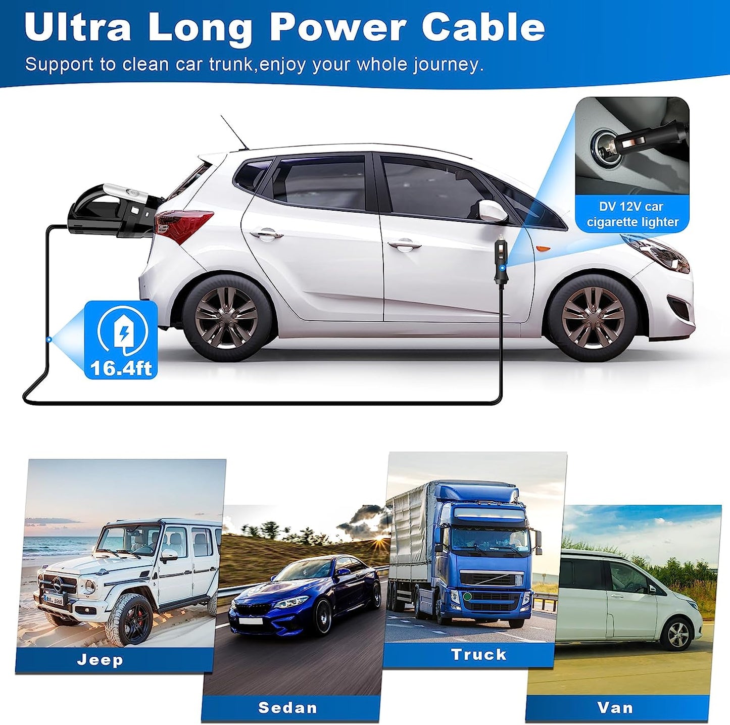 Car Vacuum Cleaner, Portable Car Vacuum with Powerful 7000PA Suction, Car Accessories, DC 12V High Power 16.4Ft Cord Vacuum Cleaner for Car, LED Light & Low Noise, VC008C