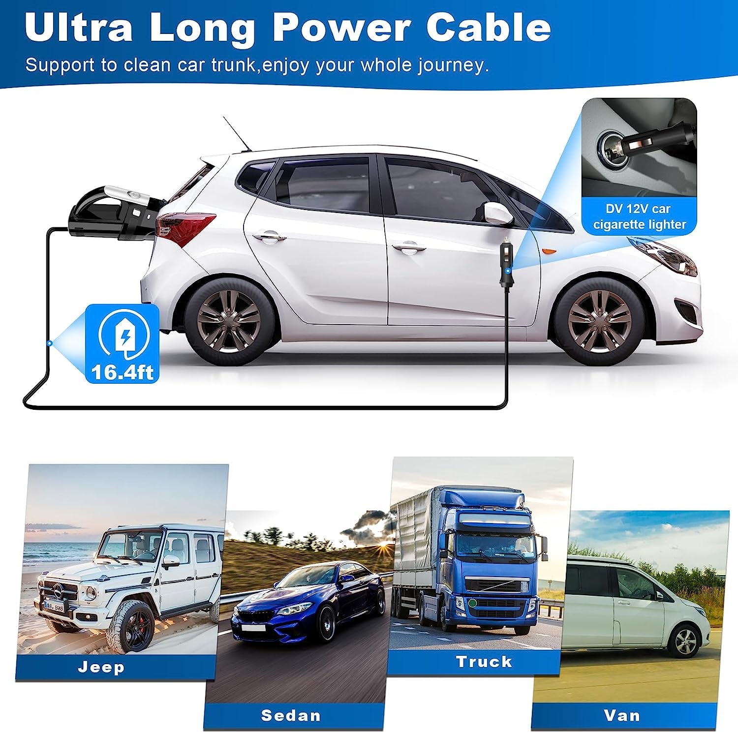 Car Vacuum Cleaner, Portable Car Vacuum with Powerful 7000PA Suction, Car Accessories, DC 12V High Power 16.4Ft Cord Vacuum Cleaner for Car, LED Light & Low Noise, VC008C