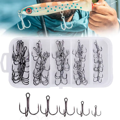 50Pcs/Lot Mix Treble Fishing Hook in Box High Carbon Steel Barbed Triple Fishing Hooks Fishing Tackle Fishhook for Hard Bait