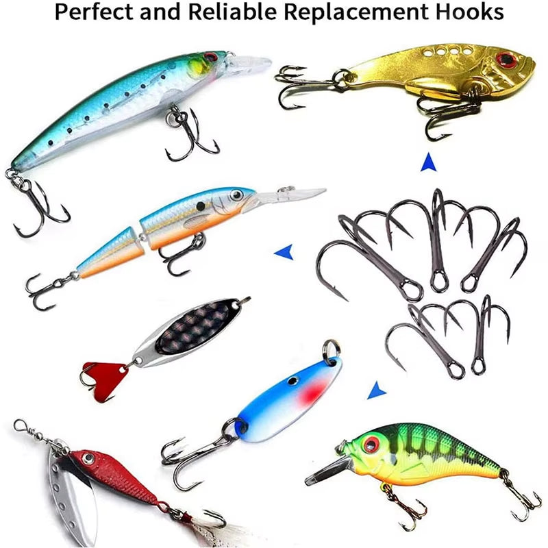 50Pcs/Lot Mix Treble Fishing Hook in Box High Carbon Steel Barbed Triple Fishing Hooks Fishing Tackle Fishhook for Hard Bait