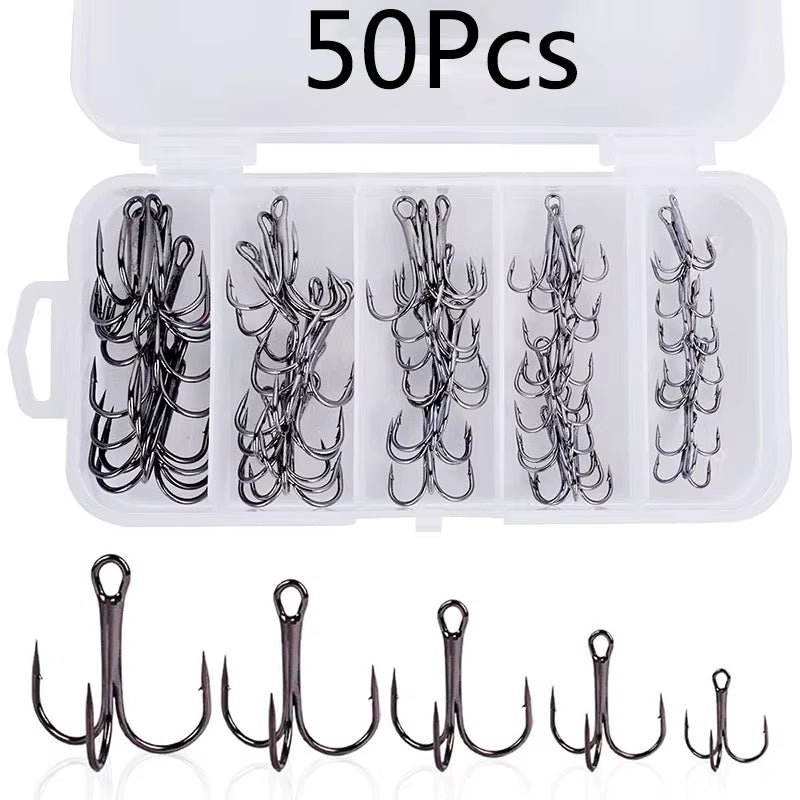 50Pcs/Lot Mix Treble Fishing Hook in Box High Carbon Steel Barbed Triple Fishing Hooks Fishing Tackle Fishhook for Hard Bait
