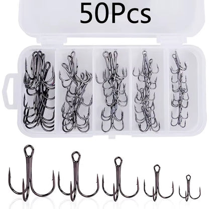50Pcs/Lot Mix Treble Fishing Hook in Box High Carbon Steel Barbed Triple Fishing Hooks Fishing Tackle Fishhook for Hard Bait