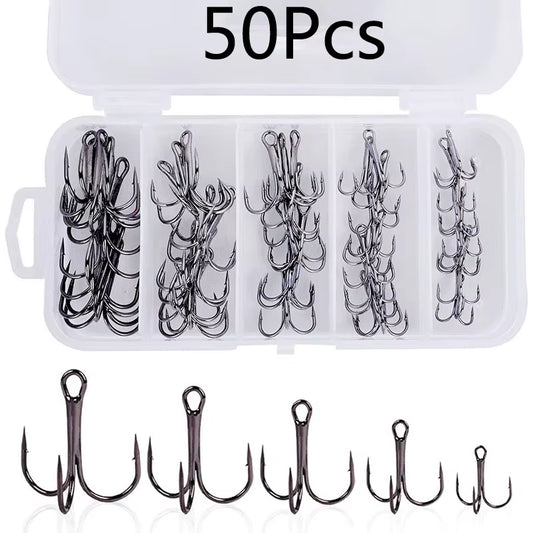 50Pcs/Lot Mix Treble Fishing Hook in Box High Carbon Steel Barbed Triple Fishing Hooks Fishing Tackle Fishhook for Hard Bait